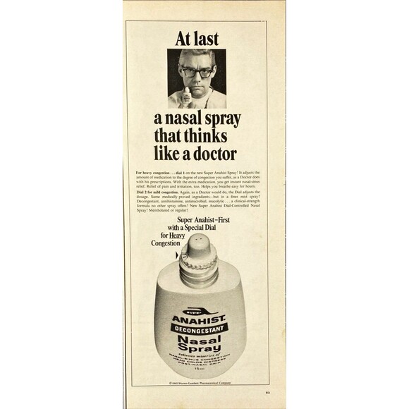Anahist Decongestant Nasal Spray "It thinks like a doctor" Vintage Print Ad 1966 - Picture 1 of 3